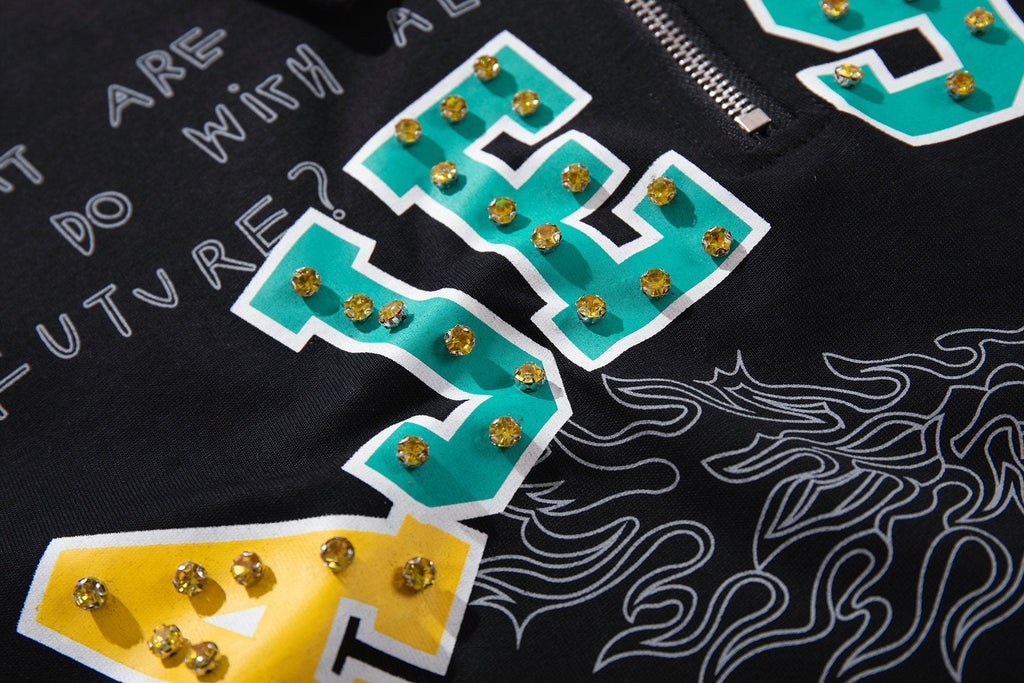 MAJESTIK Embellished Distressed Zip Polo Shirt — detail