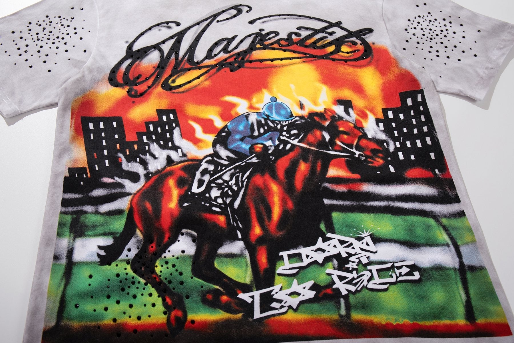 MAJESTIK Horse Racing Graffiti Graphic T-Shirt — detail
