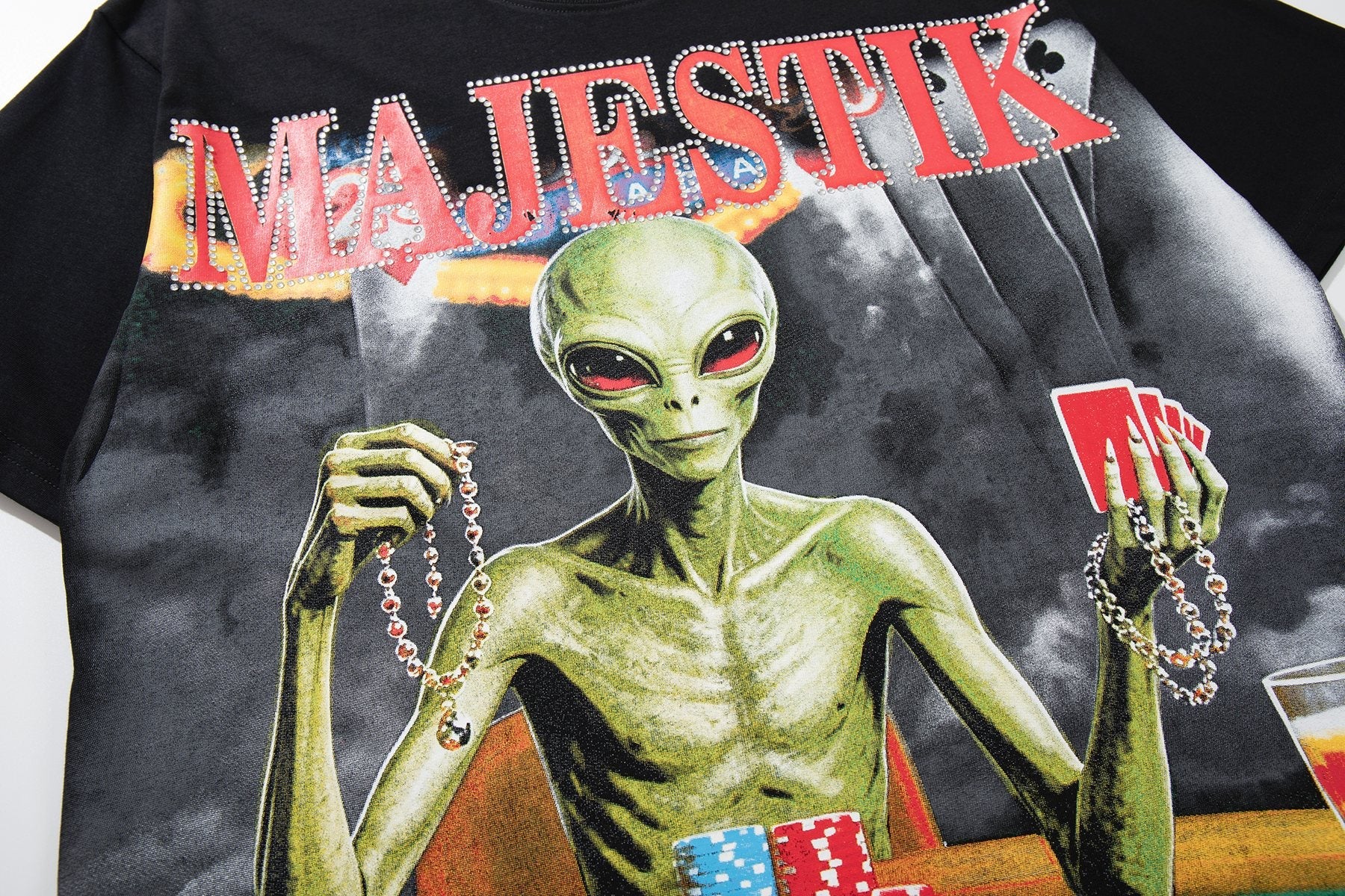 MAJESTIK Distressed Rhinestone Graphic T-Shirt — detail