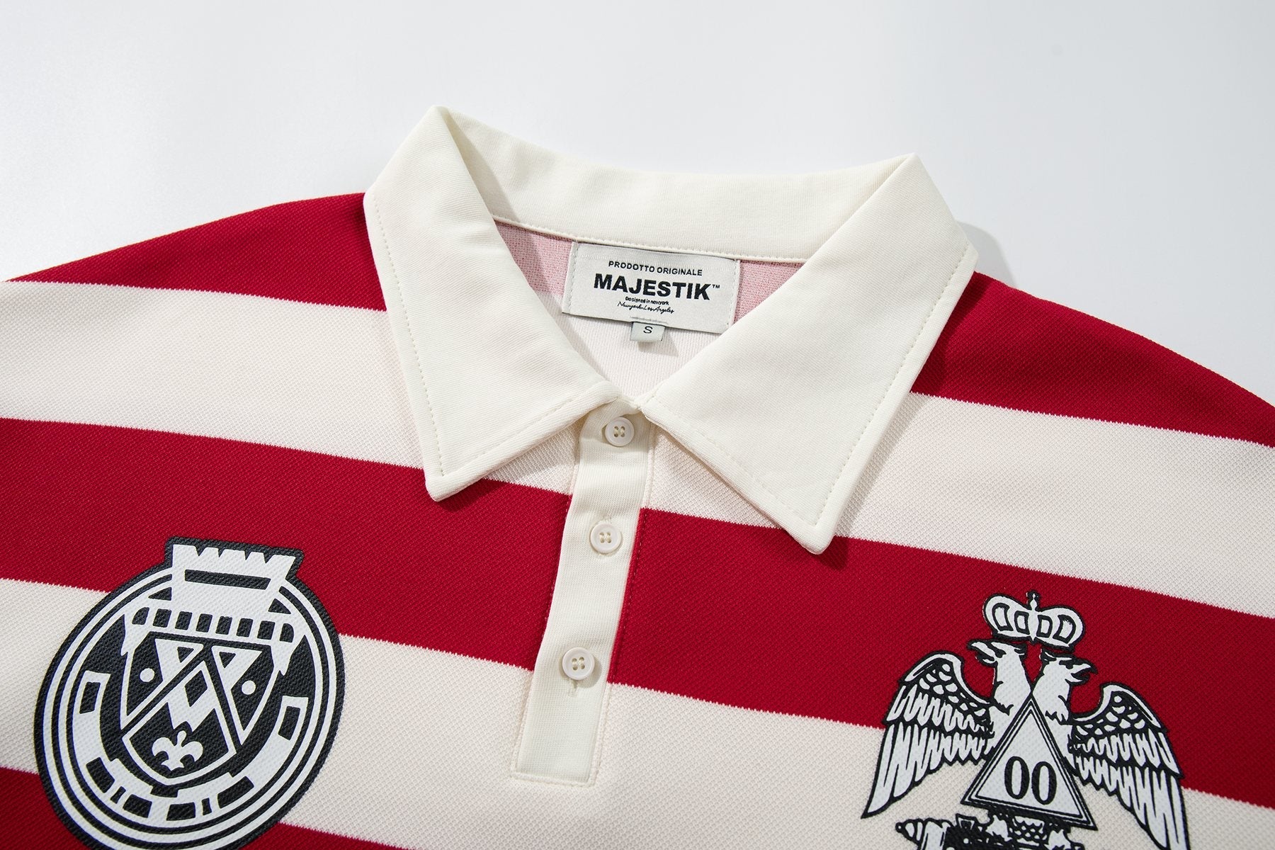 MAJESTIK Striped Crest Graphic Polo Shirt — detail