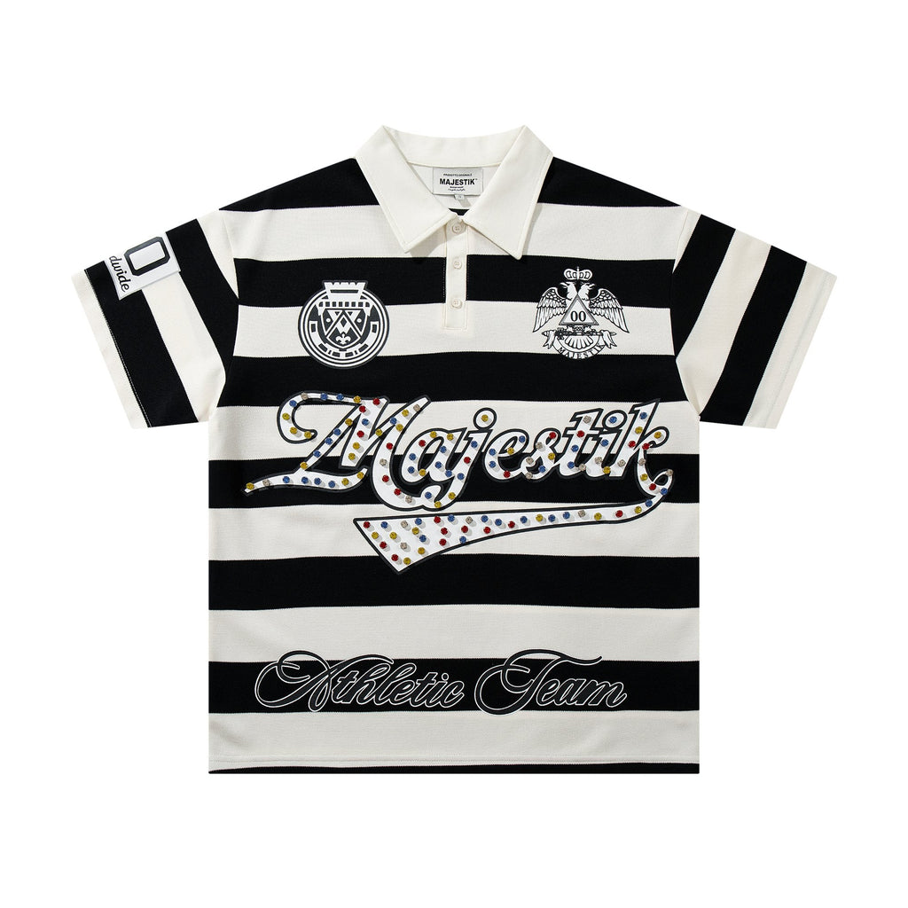 MAJESTIK Striped Crest Graphic Polo Shirt — hero