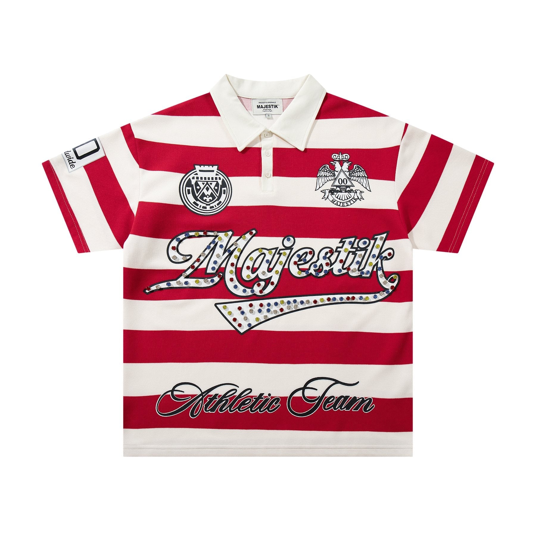 MAJESTIK Striped Crest Graphic Polo Shirt — hero