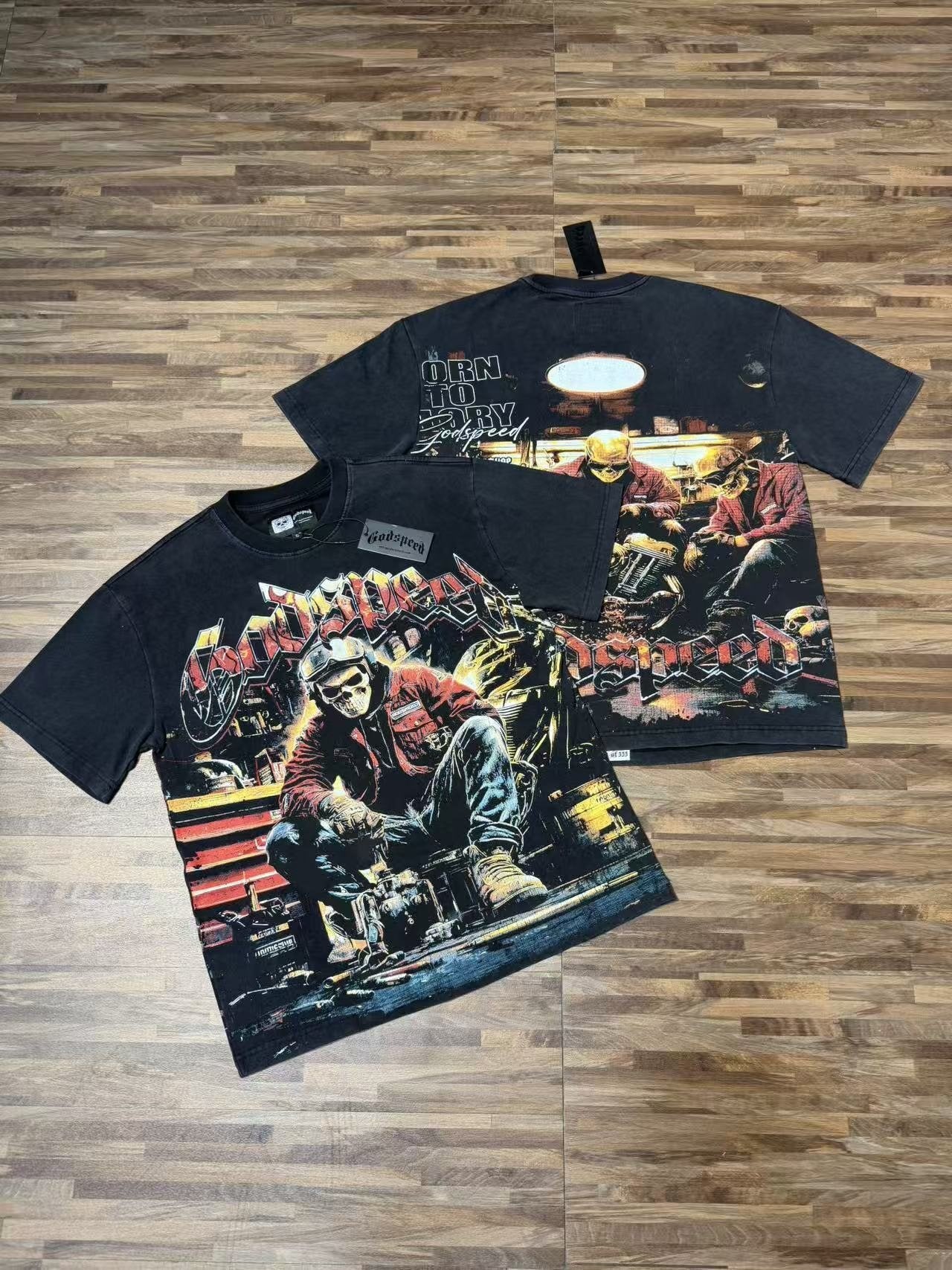 Godspeed Biker Workshop Graphic T-Shirt — context