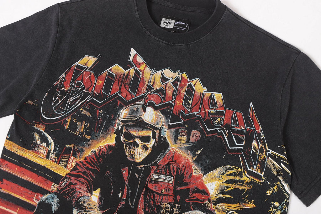 Godspeed Biker Workshop Graphic T-Shirt — detail