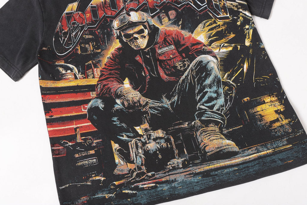 Godspeed Biker Workshop Graphic T-Shirt — detail