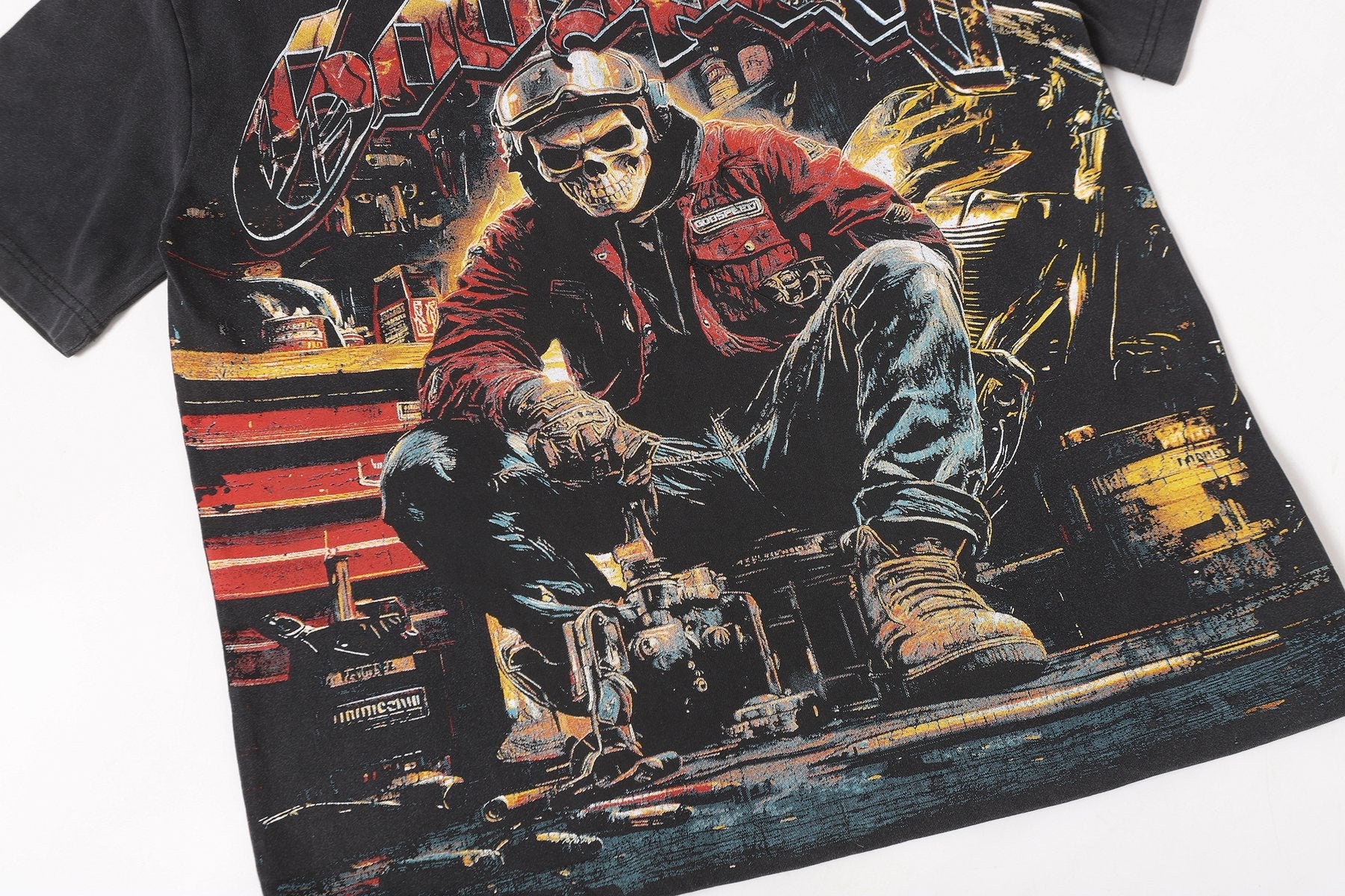 Godspeed Biker Workshop Graphic T-Shirt — detail