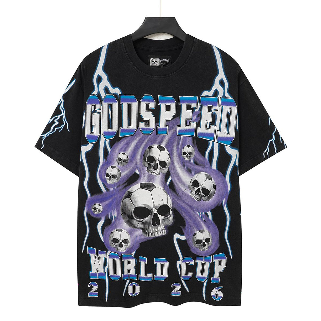 Godspeed World Cup 2026 Skull Soccer Graphic T-Shirt — front
