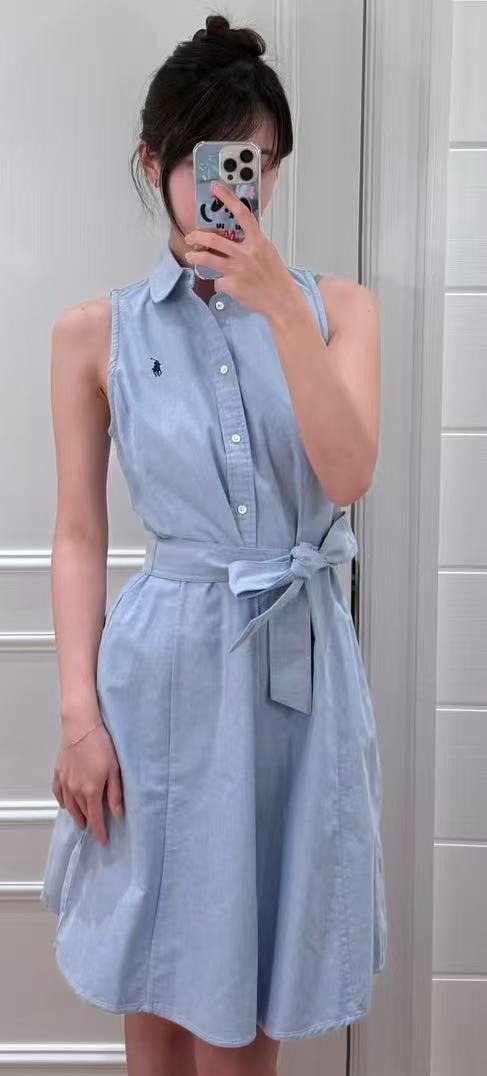 Test2-Ralph Lauren Sleeveless Cotton Oxford Shirt Dress with Tie Waist — hero