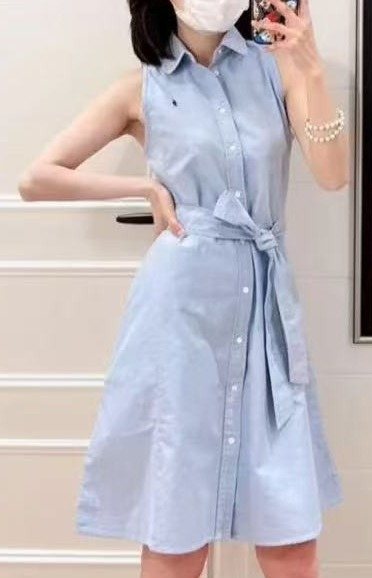 Test2-Ralph Lauren Sleeveless Cotton Oxford Shirt Dress with Tie Waist — front