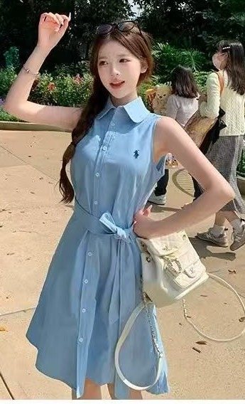 Test2-Ralph Lauren Sleeveless Cotton Oxford Shirt Dress with Tie Waist — front